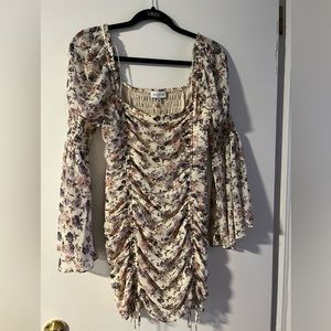Ruched bell sleeve floral adjustable length dress in size medium